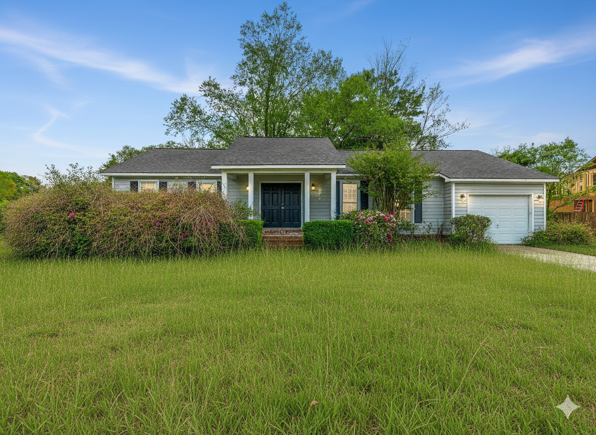 Overgrown front yard before landscaping