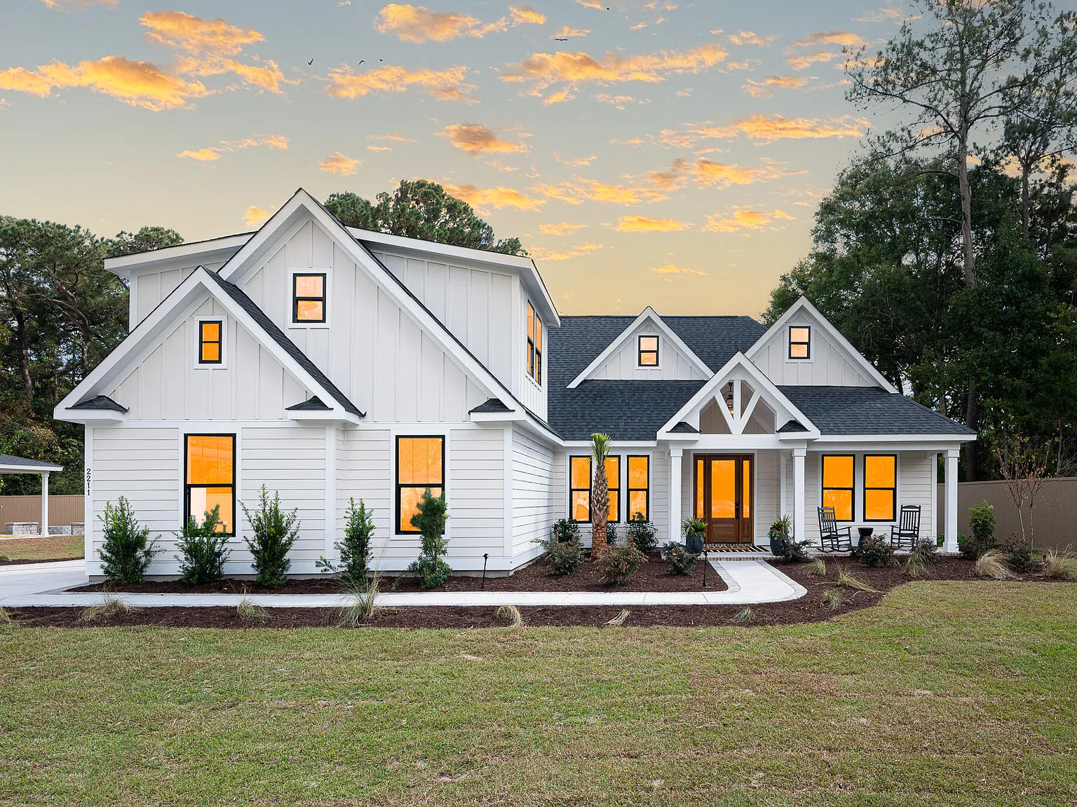 Newly installed landscaping for a modern farmhouse