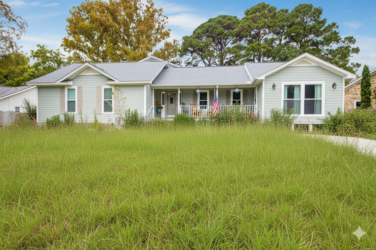 Tall grass in yard before lawn maintenance